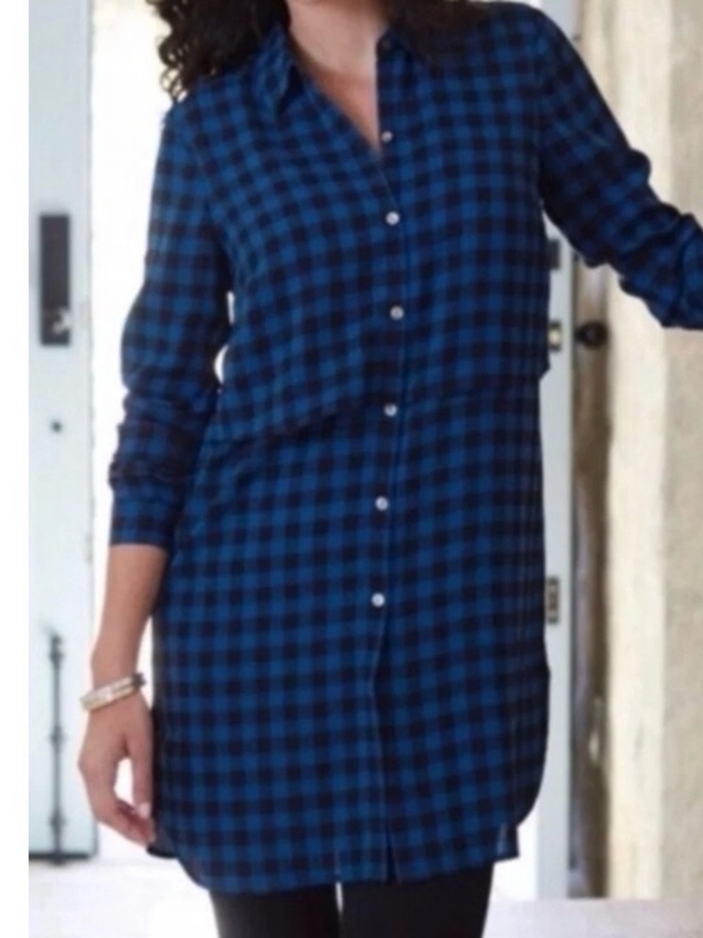 J Jill Buffalo Plaid Shirt Dress Tunic Mini Sz M Petite Blue Black Long Sleeve